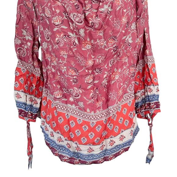 beach lunch lounge Women's Pink Off Shoulder Floral Boho Blouse Shirt Medium - Picture 4 of 11
